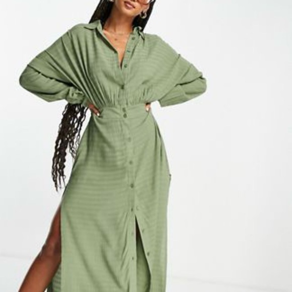 ASOS DESIGN button front maxi beach shirt dress in textured khaki - Picture 4 of 4